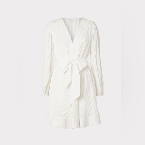 NWOT Milly Liv Long-Sleeve V-Neck Pleated Belted Mini Dress, size US6/UK10 - Picture 13 of 15